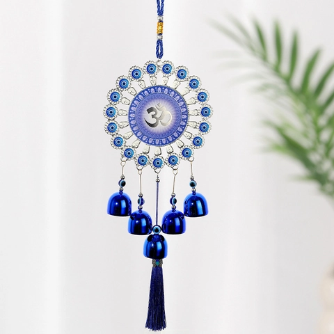 Metal Evil Eye Wind Chimes Handmade Yin Yang Om Hamsa Hand Hanging Decoration Blue Silver Lucky Amulet Home Decor Bells
