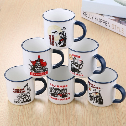 Tazza in Ceramica Stile Smalto Retrò Bordo Blu Bianco Creativa Umoristica Propaganda Tazza da Caffè per Ufficio Casa Regalo