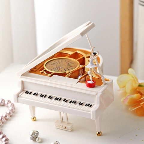 Carillon Meccanico a Forma di Pianoforte con Ballerina Danzante in Resina Scatola Musicale per Decorazione Casa Ornamento Regalo