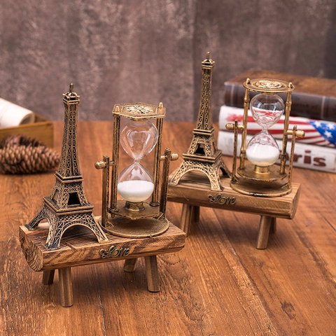 Clessidra Decorativa Vintage Torre Eiffel Ruota Panoramica Bronzo Retrò Base in Legno Decorazione da Scrivania Regalo Casa Ufficio