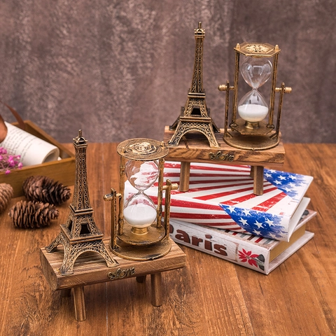 Clessidra Decorativa Vintage Torre Eiffel Ruota Panoramica Bronzo Retrò Base in Legno Decorazione da Scrivania Regalo Casa Ufficio