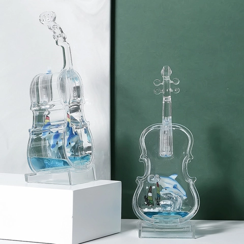 Ornement de Bureau Liquide en Forme de Violoncelle Violon Style Océan Méditerranéen Dauphin Micro Paysage Cadeau