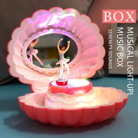 Romantische Schelpvormige Muziekdoos Met Draaiende Ballerina Meisje LED Licht Plastic Sieradendoos Home Decor Cadeau