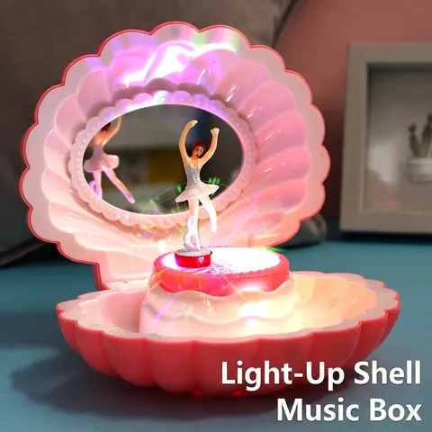 Romantic Shell Shape Music Box With Rotating Ballerina Girl LED Light Plastic Jewelry Storage Box Home Decor Birthday Gift