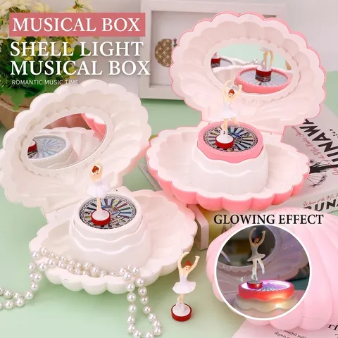 Romantische Schelpvormige Muziekdoos Met Draaiende Ballerina Meisje LED Licht Plastic Sieradendoos Home Decor Cadeau