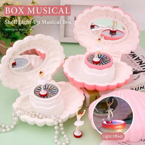 Romantic Shell Shape Music Box With Rotating Ballerina Girl LED Light Plastic Jewelry Storage Box Home Decor Birthday Gift