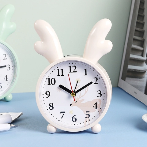 Cartoon Antler Rabbit Ear Round Desktop Alarm Clock Silent Battery Operated Plastic Bedside Clock For Students Kids Room Decor