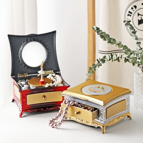 Boîte à Musique Vintage en Forme de Coiffeuse Danseuse de Ballet Rotative Boîte de Rangement Bijoux Avec Miroir Cadeau