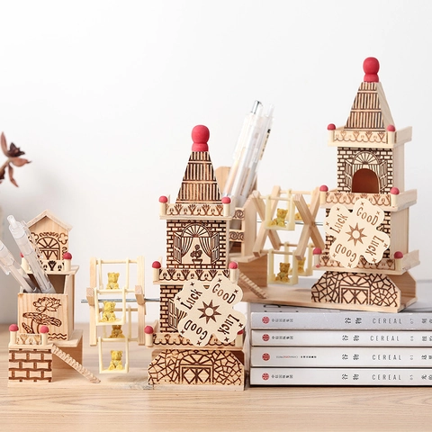 Wooden Puzzle House Music Box Pen Holder DIY Desktop Storage Organizer Classical Decorative Craft For Gifts