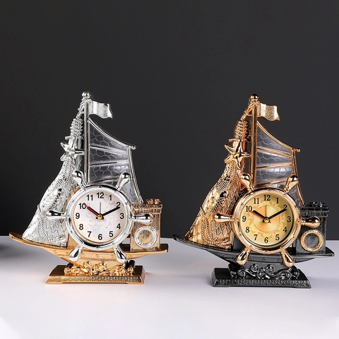 Kreativer Segelboot Wecker Mit Stifthalter Nautischer Stil Schreibtisch Ornament Harz Segelboot Tischuhr Für Studenten Geschenk Home Office Deko
