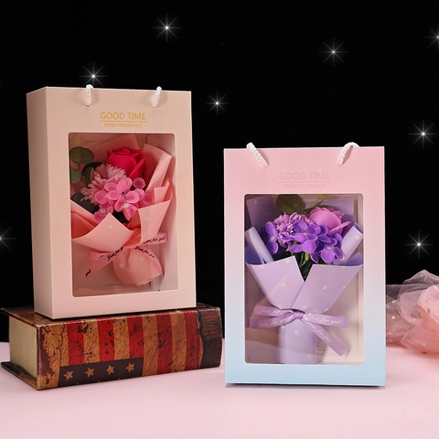 Handmade Artificial Soap Flower Bouquet Gift Bag With Rose Carnation Sunflower For Valentine Birthday Mothers Day Gift