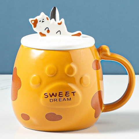 Creative Cat Ceramic Mug With Phone Holder Lid And Spoon 3D Relief Cat Paw Coffee Cup For Office Home Gift For Women Men