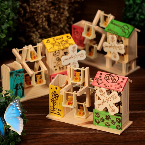 Pastoral Holz Windmühle Spieluhr Rotierendes Riesenrad Schreibtisch Stifthalter Büro Schreibwaren Aufbewahrungsbox Handgemachtes Holz Geschenk Für Studenten