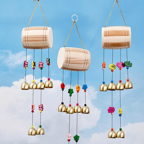 Handmade Solid Wood Wind Chimes With Metal Bells Pastoral Style Butterfly Fish Pattern Hanging Decoration For Home Garden