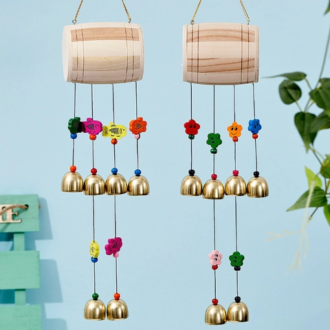 Handmade Solid Wood Wind Chimes With Metal Bells Pastoral Style Butterfly Fish Pattern Hanging Decoration For Home Garden