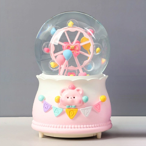 Dreamy Cartoon Crystal Ball Music Box With Automatic Snowfall LED Light Resin Glass Musical Snow Globe For Kids Birthday Gift Home Decor