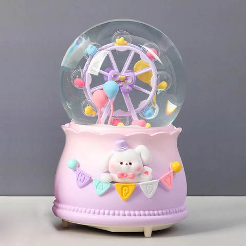 Dreamy Cartoon Crystal Ball Music Box With Automatic Snowfall LED Light Resin Glass Musical Snow Globe For Kids Birthday Gift Home Decor