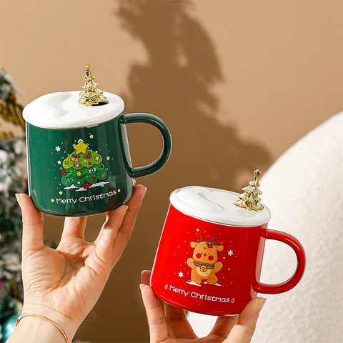 Weihnachts Weihnachtsmann Keramik Becher Mit Deckel Und Löffel Gold Galvanisierter Baum Rentier Schneemann Kaffeetasse Geschenk