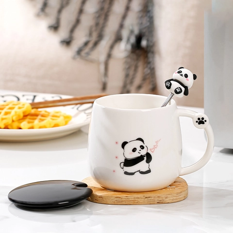 Schattige Cartoon Panda Keramiek Mok Met Deksel En Lepel Hittebestendige Koffiekop Voor Thuis Kantoor Vrouwen Kinderen Cadeau