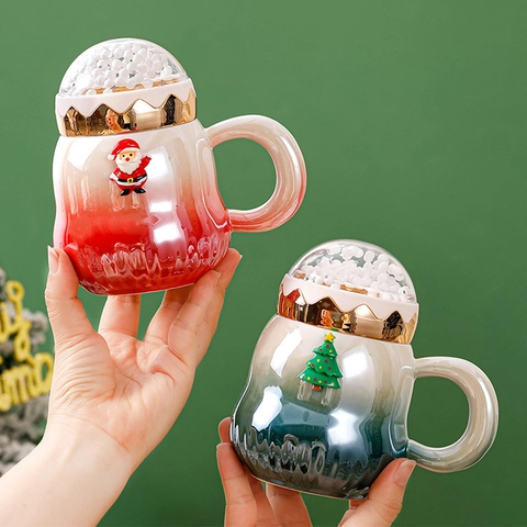 Creatieve Kerst Kleurverloop Keramische Mok Met 3D Kerstman Sneeuwbal Deksel Porseleinen Feestelijke Koffiekop Geschenkdoos
