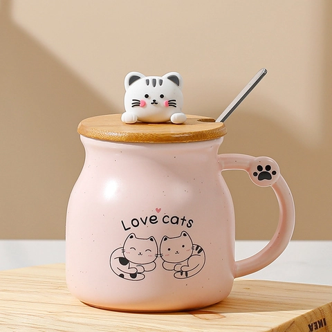 Cartoon Cat Ceramic Mug Set With Wood Lid 3D Cat Topper And Metal Spoon High Temperature Resistant Drinking Cup For Office Home Students Gift