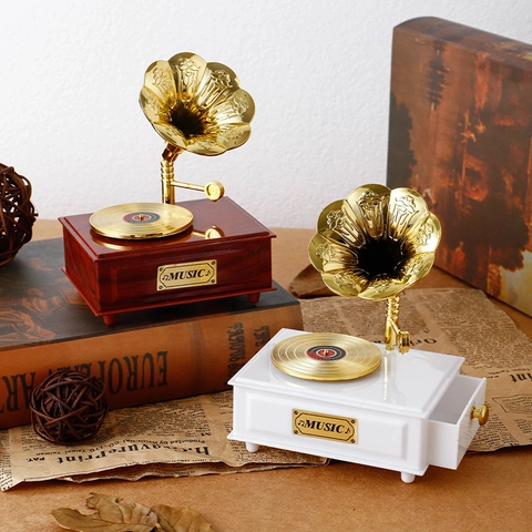 Vintage Phonograph Sewing Machine Music Box Retro Acrylic Mechanical Music Box Home Decor Jewelry Organizer Gift