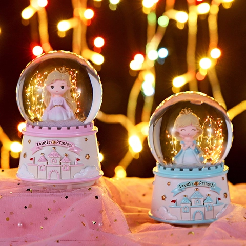 Caja de Música de Bola de Cristal Castillo de Princesa con Luces y Nieve Bola de Vidrio Adorno de Escritorio Regalo de Cumpleaños para Niñas