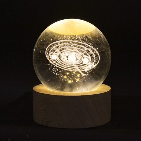 3D Laser Engraved Crystal Ball Night Light With Wood Base USB Powered Galaxy Moon Interior Carving Desktop Ornament Home Decor