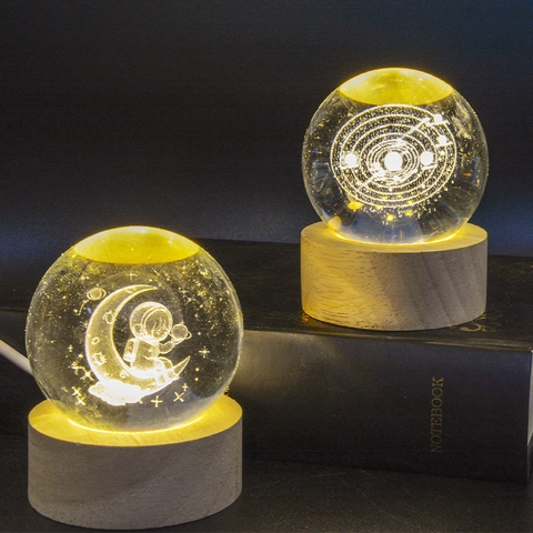 3D Laser Engraved Crystal Ball Night Light With Wood Base USB Powered Galaxy Moon Interior Carving Desktop Ornament Home Decor