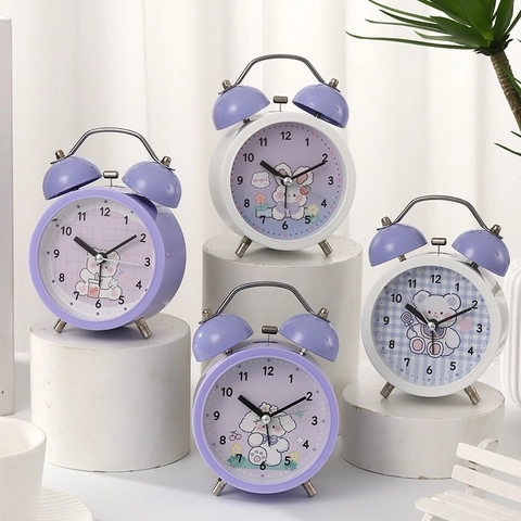 Cute Cartoon Twin Bell Alarm Clock Silent Non Ticking Battery Operated Desktop Analog Clock For Kids Student Bedroom Decor