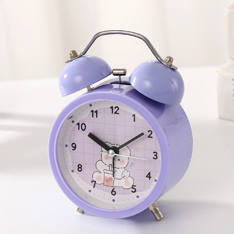 Cute Cartoon Twin Bell Alarm Clock Silent Non Ticking Battery Operated Desktop Analog Clock For Kids Student Bedroom Decor