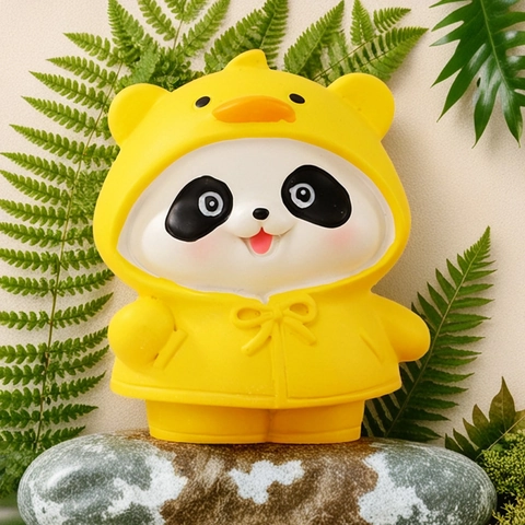 Süße Cartoon Panda Miniatur Harz Ornament Desktop Auto Figur Tier Dekor Lotusblatt Regenmantel Bambussprosse Gelber Hut