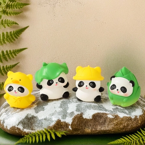 Süße Cartoon Panda Miniatur Harz Ornament Desktop Auto Figur Tier Dekor Lotusblatt Regenmantel Bambussprosse Gelber Hut