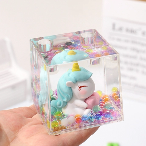 Porte-Stylo en Acrylique à Sable Mouvant Liquide Créatif Mignon Dessin Animé Goutte d'Huile Flottante Ornement de Bureau Cadeau de Papeterie