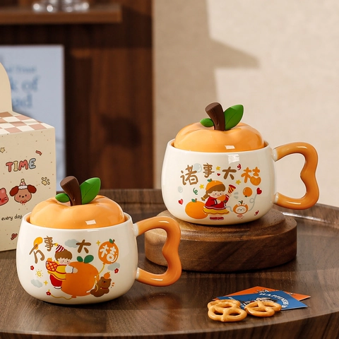 Cartoon Ceramic Mug With Lid And Spoon Cute Animal Fruit Design Porcelain Water Cup For Office Home Coffee Milk Birthday Gift
