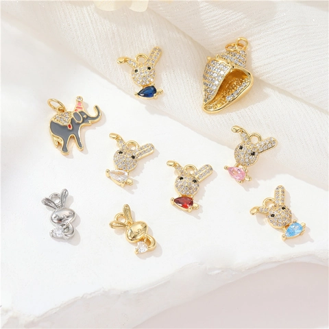 Pendentif Animal en Cuivre pour Création de Bijoux DIY Charme Lapin Éléphant Conque Incrusté de Zirconia Accessoire Mode