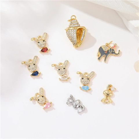 Pendentif Animal en Cuivre pour Création de Bijoux DIY Charme Lapin Éléphant Conque Incrusté de Zirconia Accessoire Mode