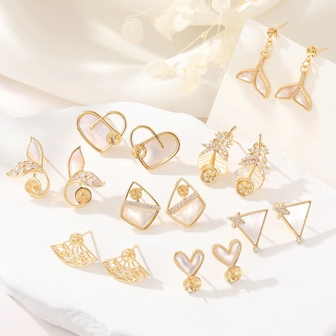 14K Gold Plated Copper Stud Earrings With 925 Sterling Silver Post Inlaid Zirconia Shell Heart Fish Tail Feather Jewelry