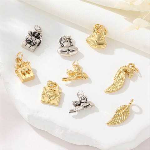 Vintage Copper 14K Gold Plated Pendants Angel Wings Rabbit Heart Lock Gift Box Charms For DIY Necklace Bracelet Making Accessories