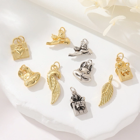 Vintage Copper 14K Gold Plated Pendants Angel Wings Rabbit Heart Lock Gift Box Charms For DIY Necklace Bracelet Making Accessories