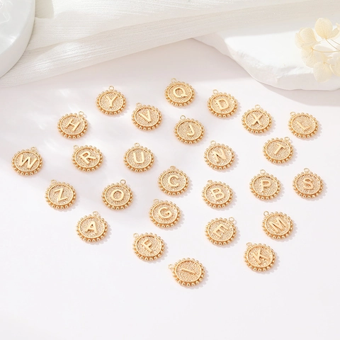 14K Gold Plated Copper Round Initial Alphabet Letter Pendant For DIY Necklace Bracelet Jewelry Making Beaded Edge Charm Accessories