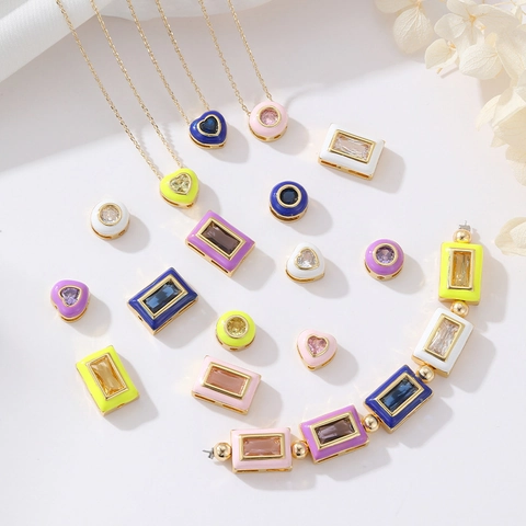 14K Gold Plated Copper Zirconia Enamel Heart Rectangular Round Spacer Beads For DIY Jewelry Making Colorful Charms Accessories