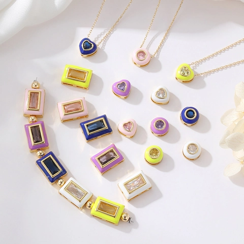 14K Gold Plated Copper Zirconia Enamel Heart Rectangular Round Spacer Beads For DIY Jewelry Making Colorful Charms Accessories