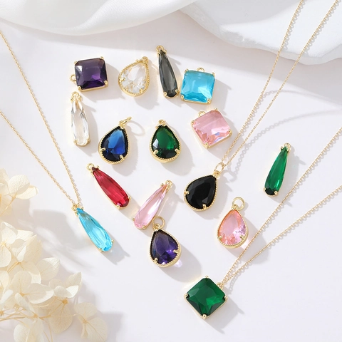 Colgante de Cobre Chapado en Oro de 14K con Zirconia de Colores Gota Cuadrada Solo Sin Cadena para Creación de Joyas DIY Collar Pendientes Mujer