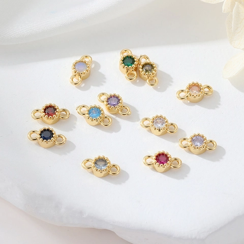 14K Gold Plated Copper Birthstone Zirconia Round Double Loop Connector Pendants For DIY Jewelry Making Necklace Bracelet Accessory