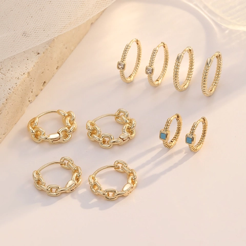 14K Gold Plated Copper Hoop Earrings With 925 Silver Post Chain Link Twisted Design Zircon Turquoise Jewelry For Women