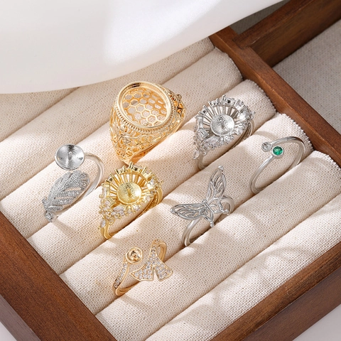 DIY Copper Adjustable Open Ring Base 14K Gold Plated Zirconia Hollow Leaf Butterfly Ring Setting For Jewelry Making Women
