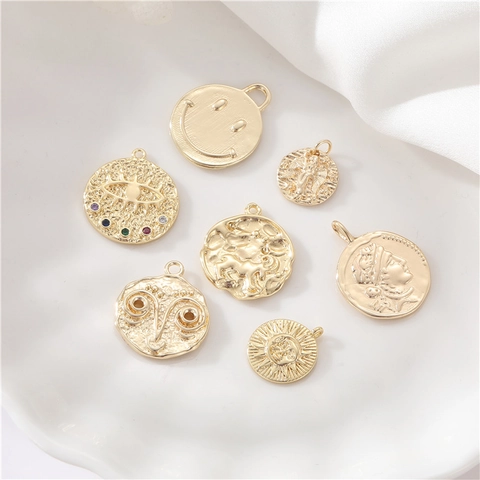 Retro 14K Gold Plated Copper Coin Charms Evil Eye Smiling Face Sun Moon Rhinestone Pendants For DIY Jewelry Making Necklaces Women