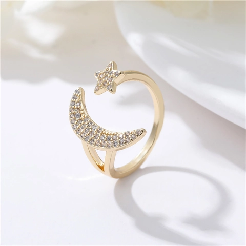 Gold Plated Copper Open Adjustable Ring For Women Elegant Heart Star Moon Belt Buckle Rhinestone Fashion Finger Jewelry