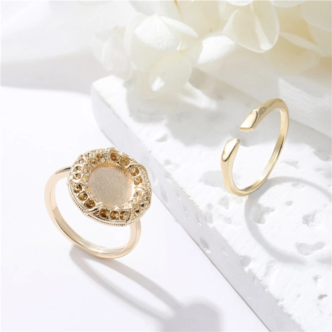 Anello Aperto in Rame Placcato Oro 14K Base Vuota DIY Accessori per Creazione Gioielli Regolabile con Disco Rotondo